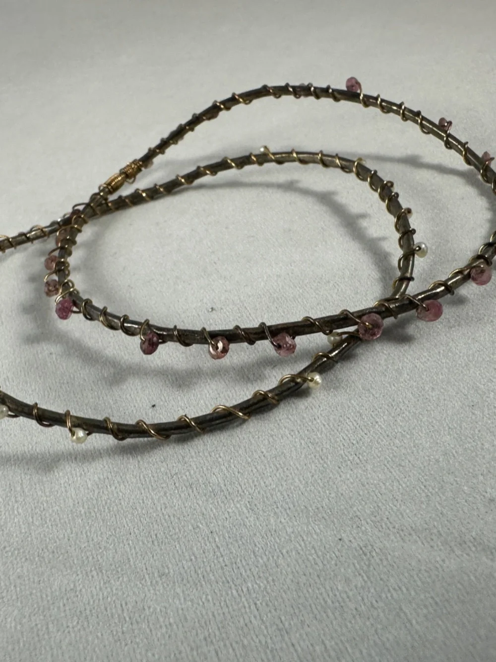 Set of 2 Wire-Wrapped Bangle Bracelets with Pink Tourmaline & Pearl Beads